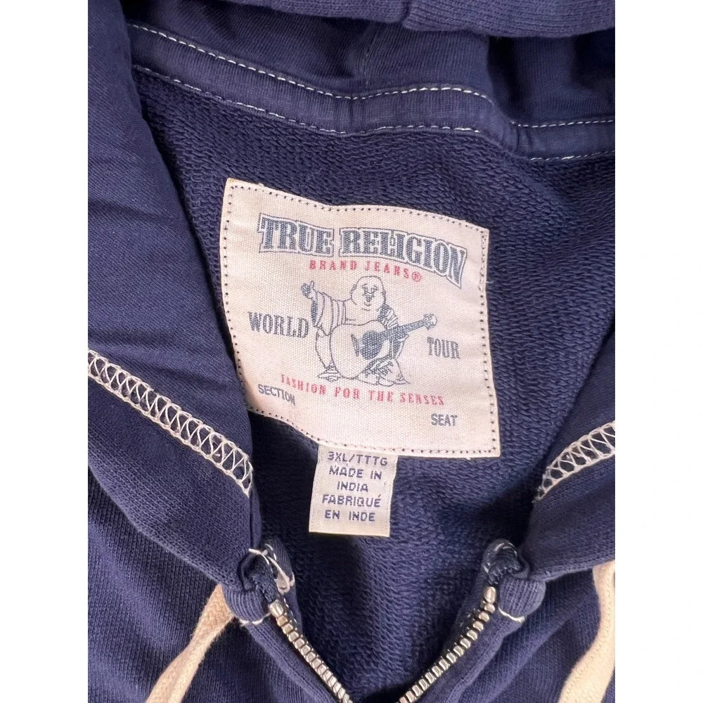 True Religion Mens Navy Blue World Tour Buddha Zip Up Hoodie 3XL Sweatshirt